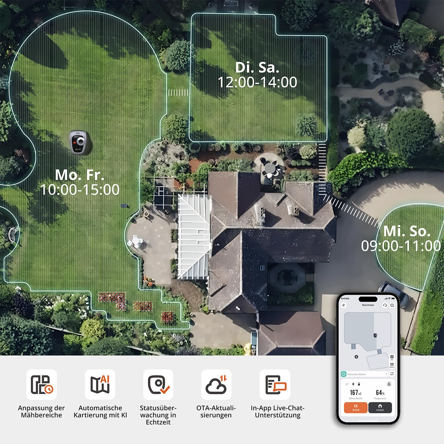 Navimow i105E Mähroboter ohne Begrenzungskabel 500 m², RTK+Vision Rasenmäher Roboter, KI Automatische Kartierung, Virtuelle Begrenzung, Mehrzonen-Management